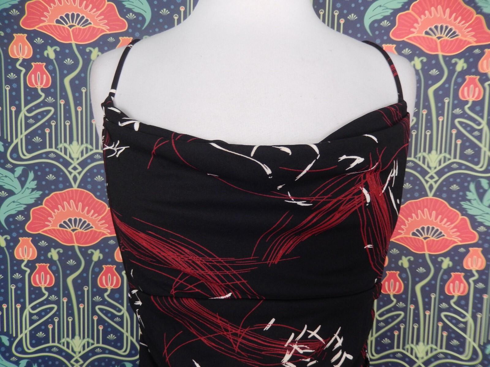 Vintage 90’s Y2K Red Black Cowl Neck SATC Japanese Print Slip Carrie Dress