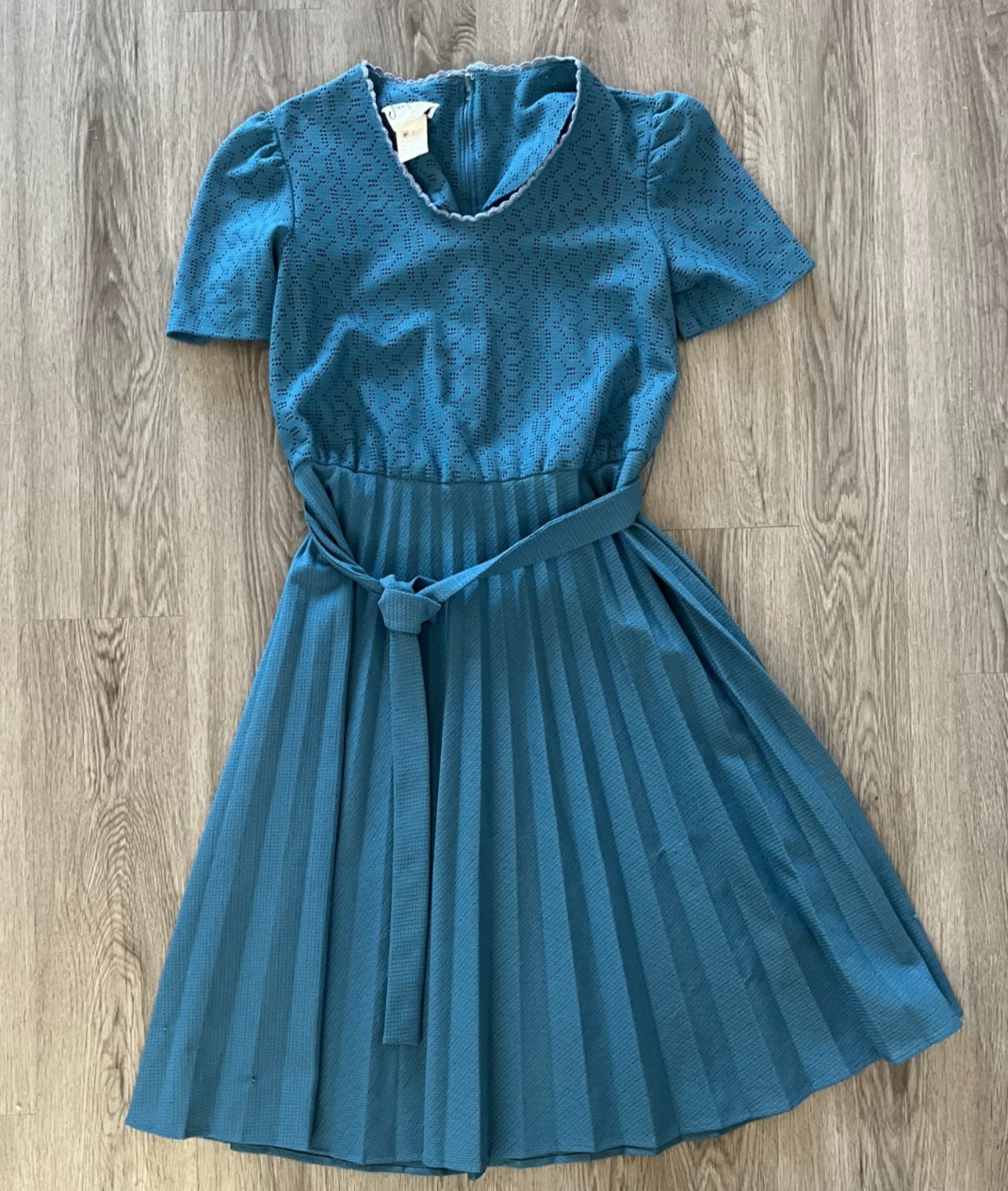 Vintage 1960/70’s Jennifer Gee Blue A-Line Pleated Short Sleeve Dress Cottage