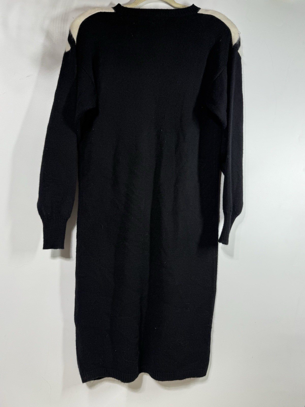 Vintage 80s Yarnworks Geometric Sweater Dress Black Cream Shoulder Pads L Career