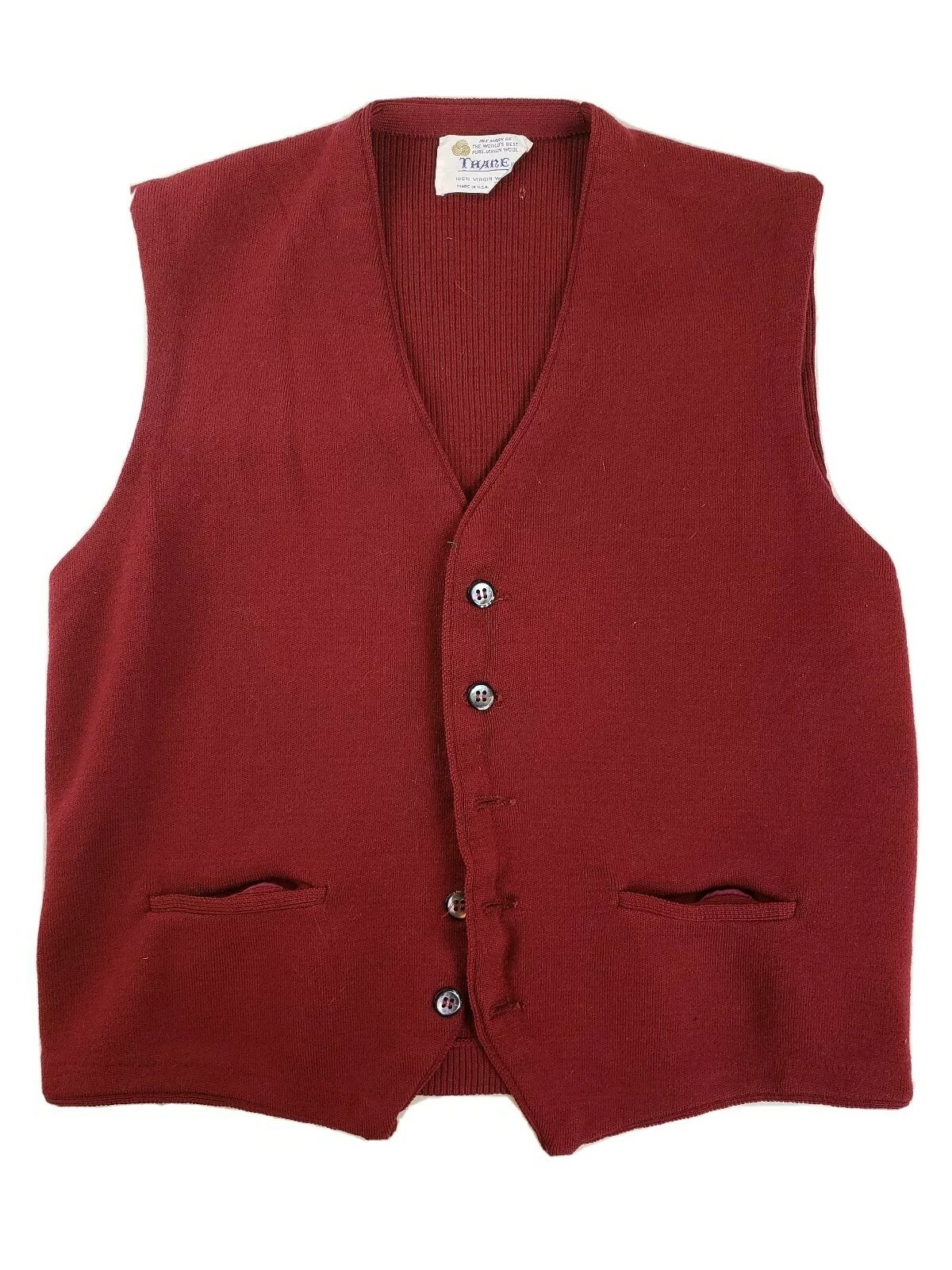 Thane Women’s L Maroon VTG Pure Virgin Wool Sweater Vest Buttoned Made in USA