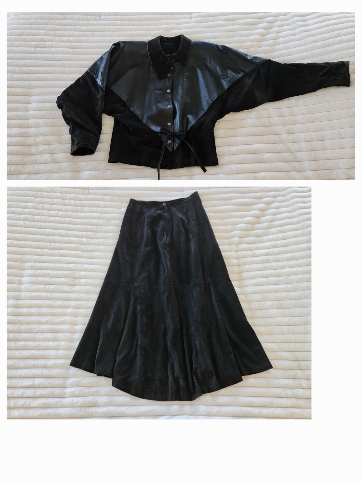 Vintage Leathercraft Process Leather Jacket & A-line Midi Skirt Black Womens 8