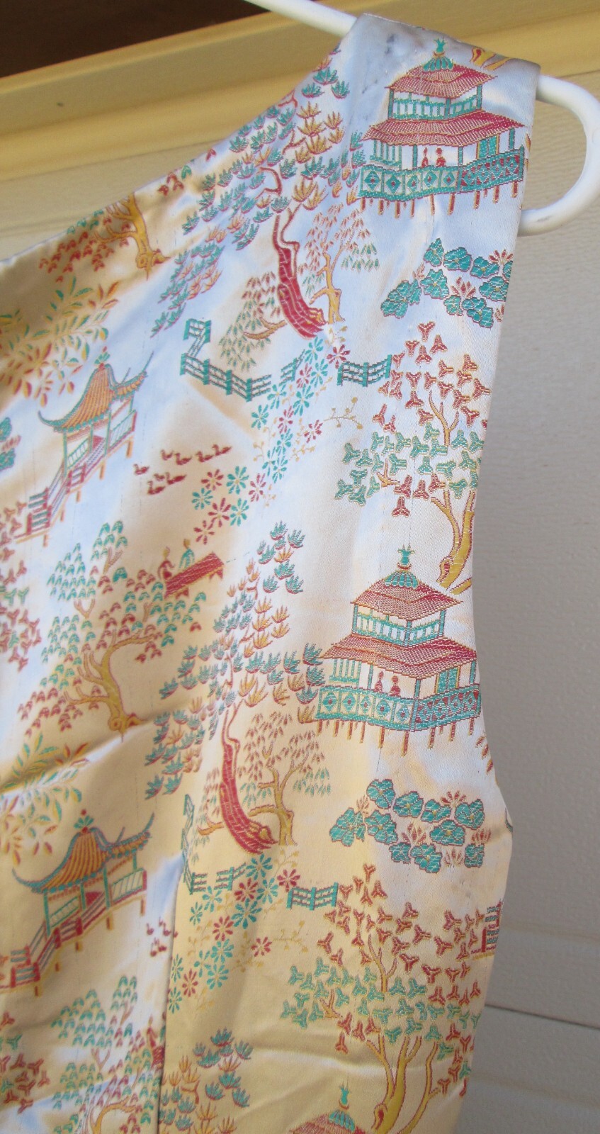 Asian Silky Cocktail Dress Peach Red Yellow Turquoise Blue Landscape Vintage