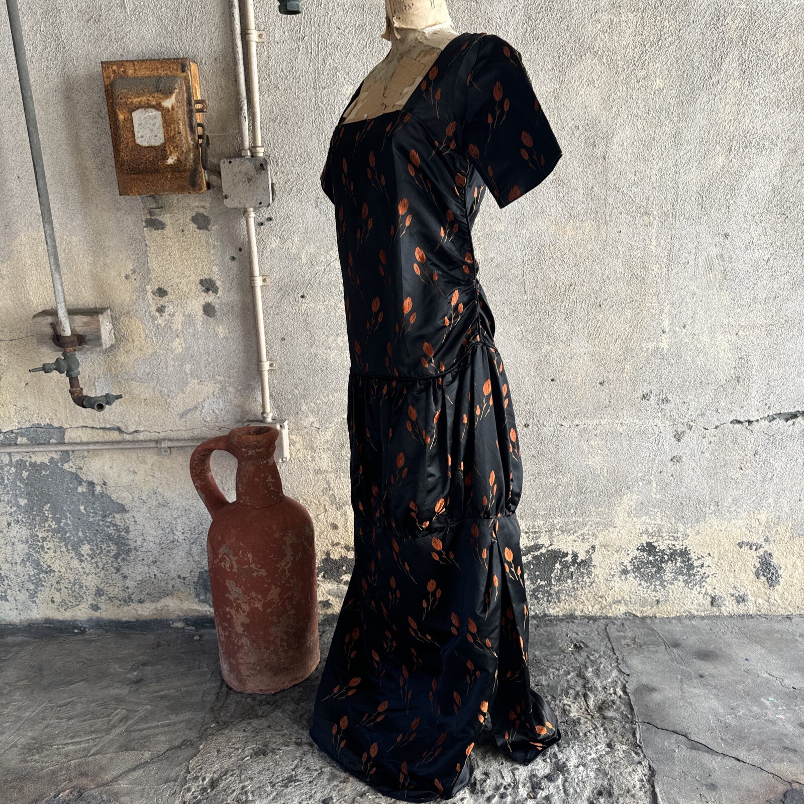 Antique 1920s Orange Tulip Silk Brocade Dress 1890s Fabric Full Length Vintage