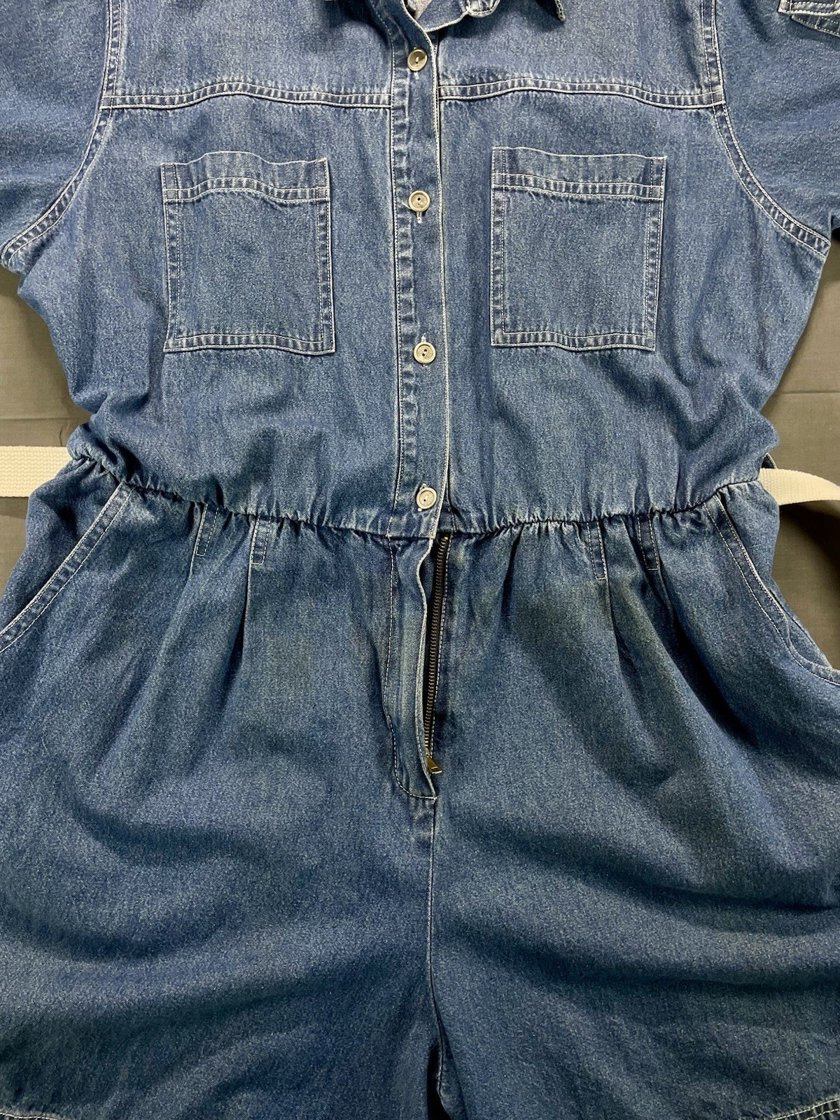Vintage 1980s Forenza Denim Romper Jumpsuit XL Blue Utility Metal Button Belted