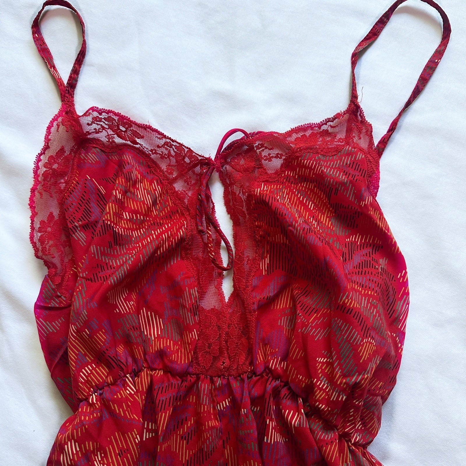 Blush Vintage Red Multicolor Print Lace Cutout Lace Trim Bodysuit Teddy Small