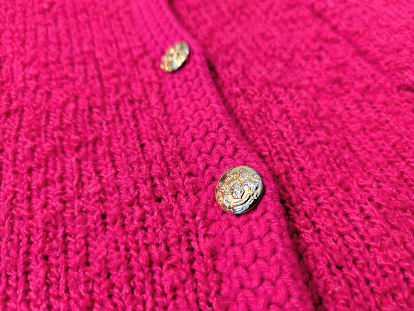 Vintage 80s TANNER Neon Pink/Gold Button Acrylic Cardigan Women’s sz M *EUC!*