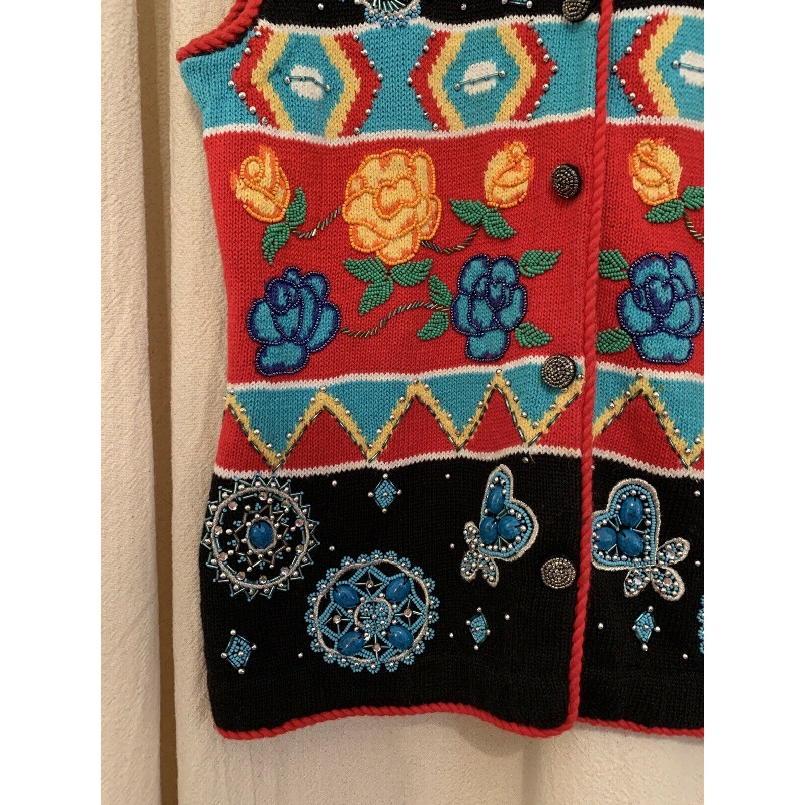 1990s BellePointe Western Navajo Turquoise Floral Rodeo Festival Sweater Vest S