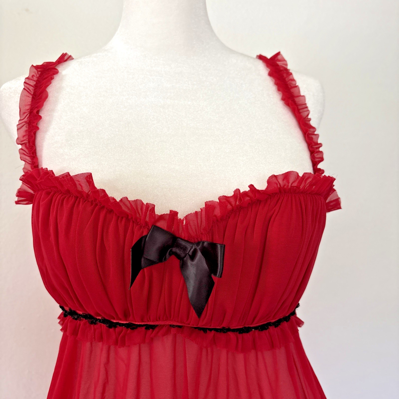Vtg Fredericks of Hollywood L BabyDoll Slip Sheer Red Lace Coquette Burlesque