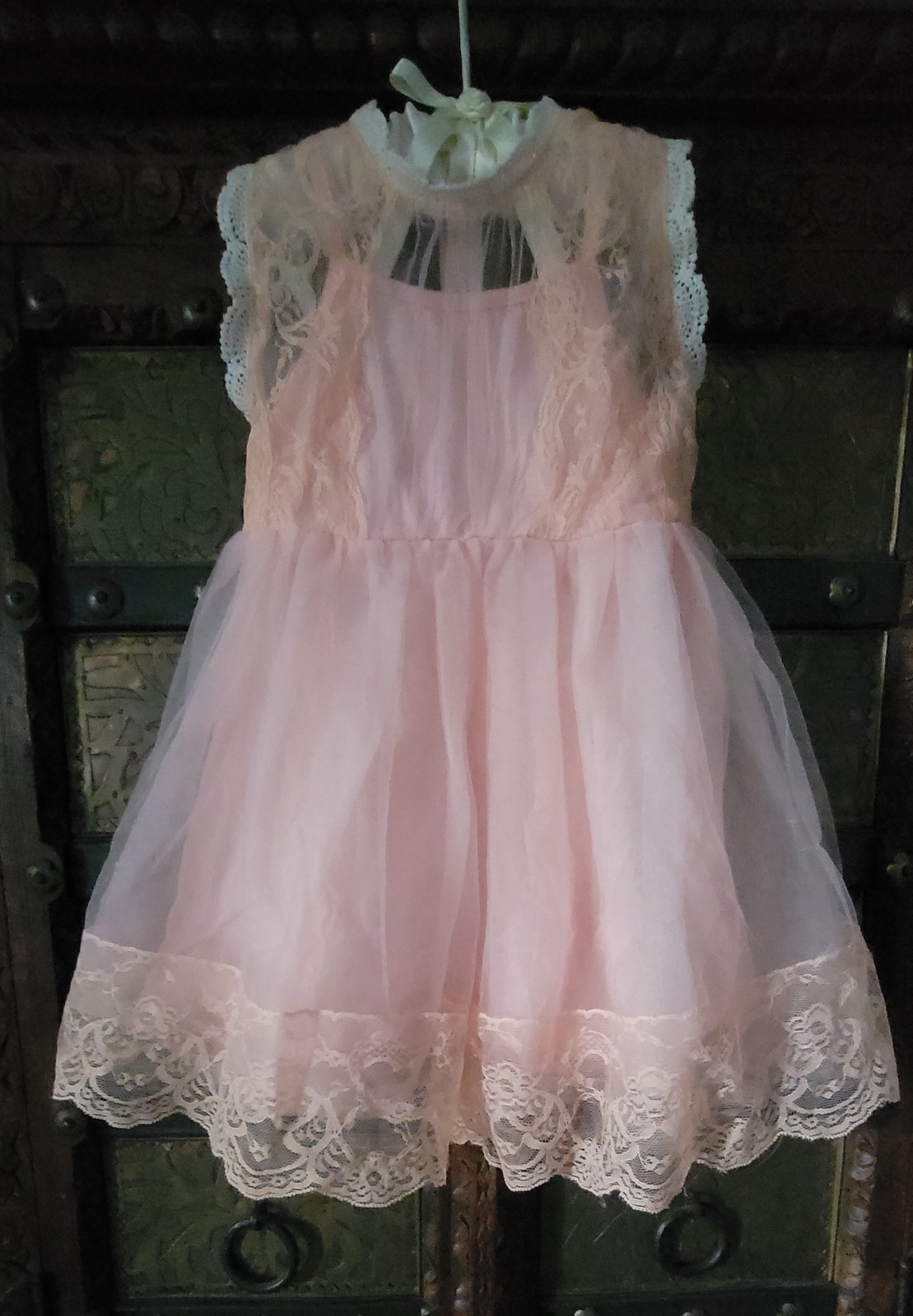Vtg Cotton Lined Peach Pink Lace Tulle Mesh Fit Flare Baby Girl Dress 18-24 Mos