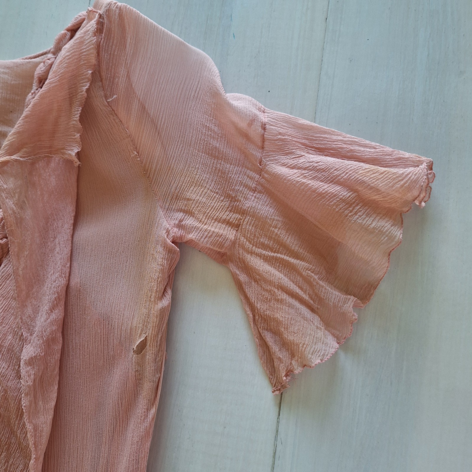 Antique 1930s Peach Chiffon Dress Rosette Trim Flutter Sleeve AS IS Art Deco