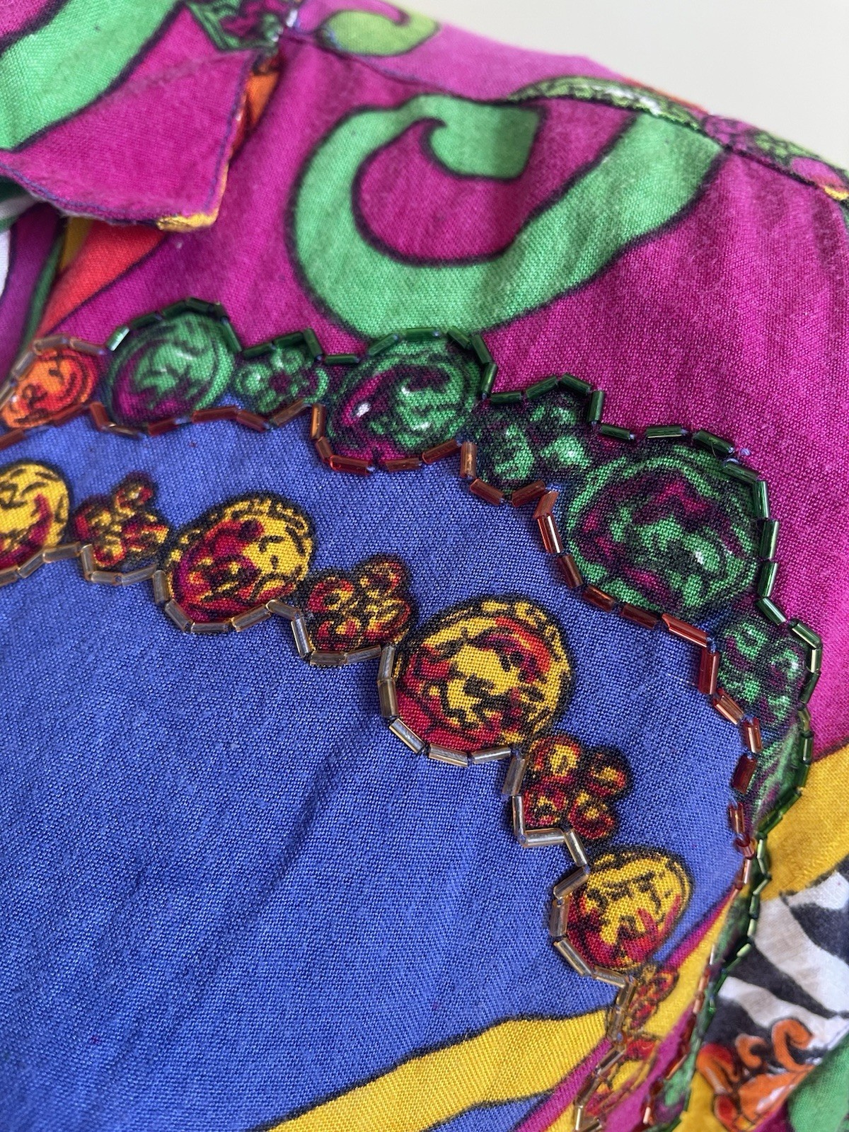 1980s Jane Ashley Sz Medium Multicolor SS Button Up w Beading, Checkers, Jewels