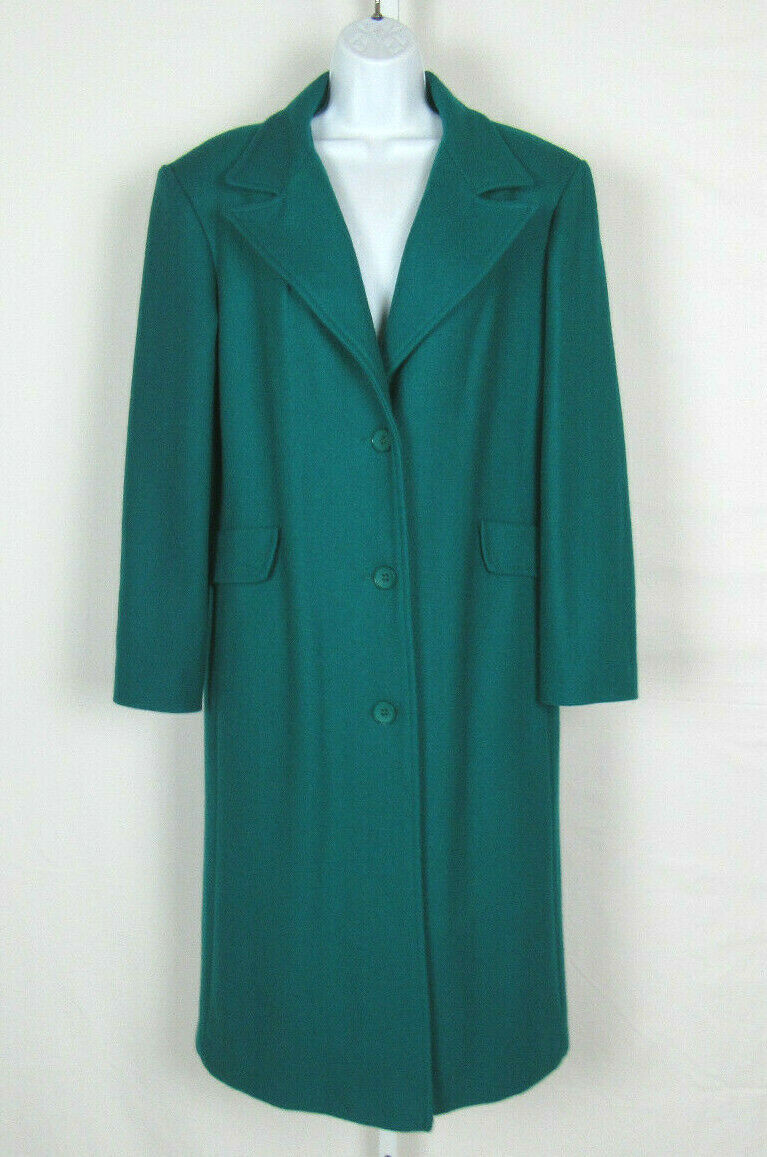 VTG 1970s 80s KOMITOR TEAL WOOL COAT SIZE 12 NYLON LINING POCKETS WITH FLAPS