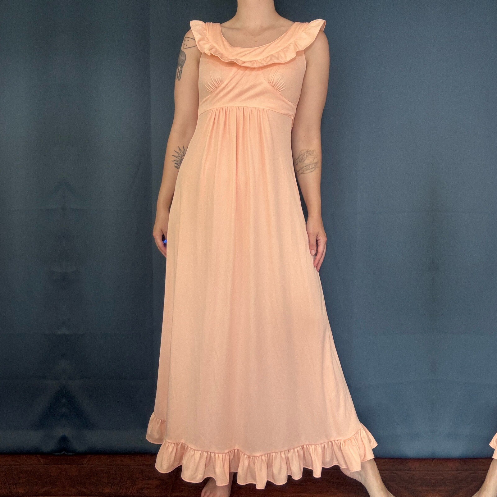 Vintage 70s Peachy Pink Ruffle Empire Waist Maxi Dress
