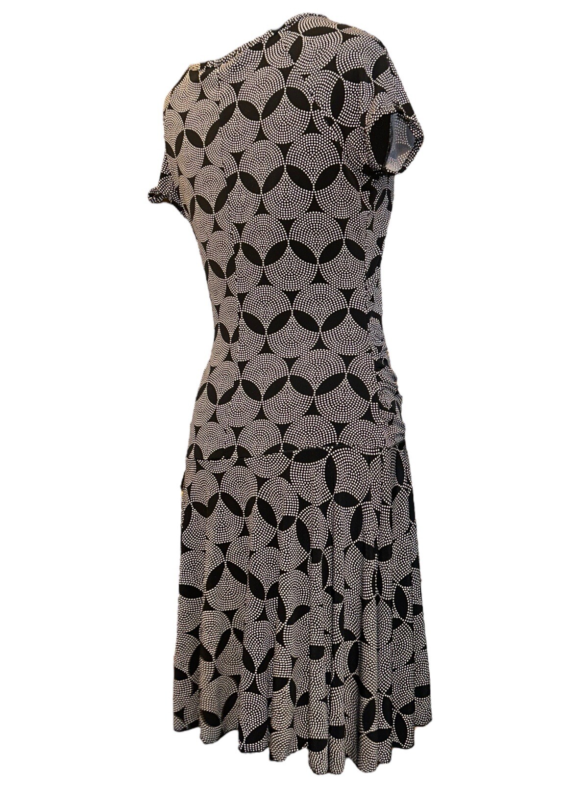 BCX V-Neck Cap Sleeve Ruching Bl/Wh Geo Print Short Faux Wrap Dress Women L VTG