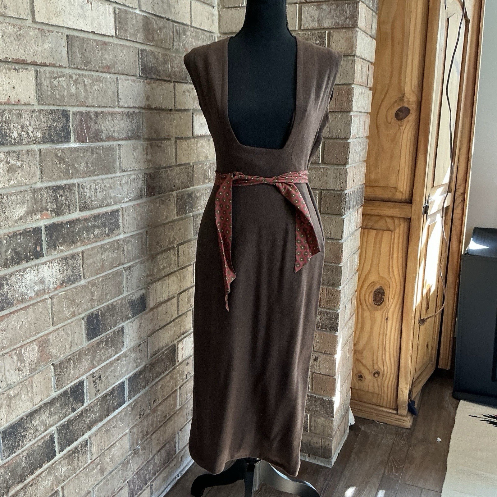 VINTAGE 85% Wool Sleeveless Dress Brown Polka Dot Sash Belt Women’s Size S #7D4