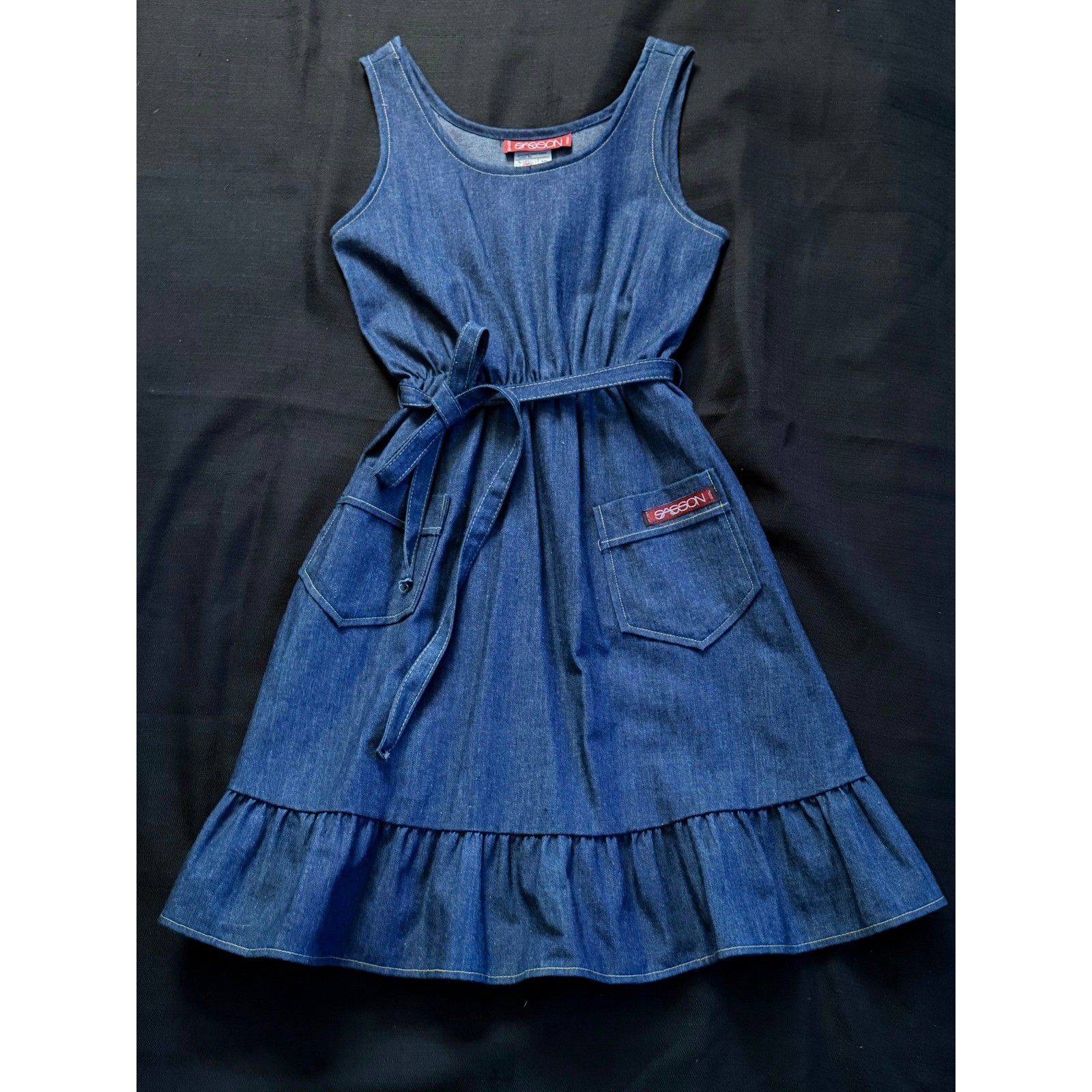 70’s Sasson denim dress size 12Union label Western, A-line, Ruffle Made in USA