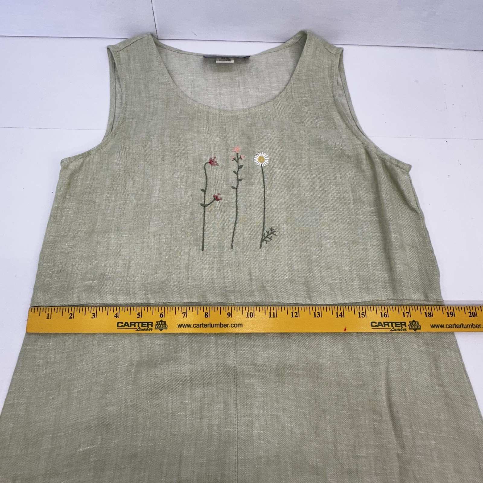 VTG CarolAnderson Linen Green Embroidered Dress USA Cottagecore Prairie M READ