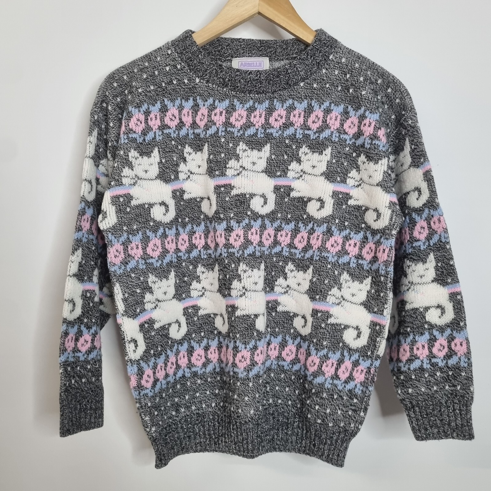 VTG Arielle Retro 80s Pastel Kawaii Fairy Kei Cat Sweater Stripe Pullover Sz S M