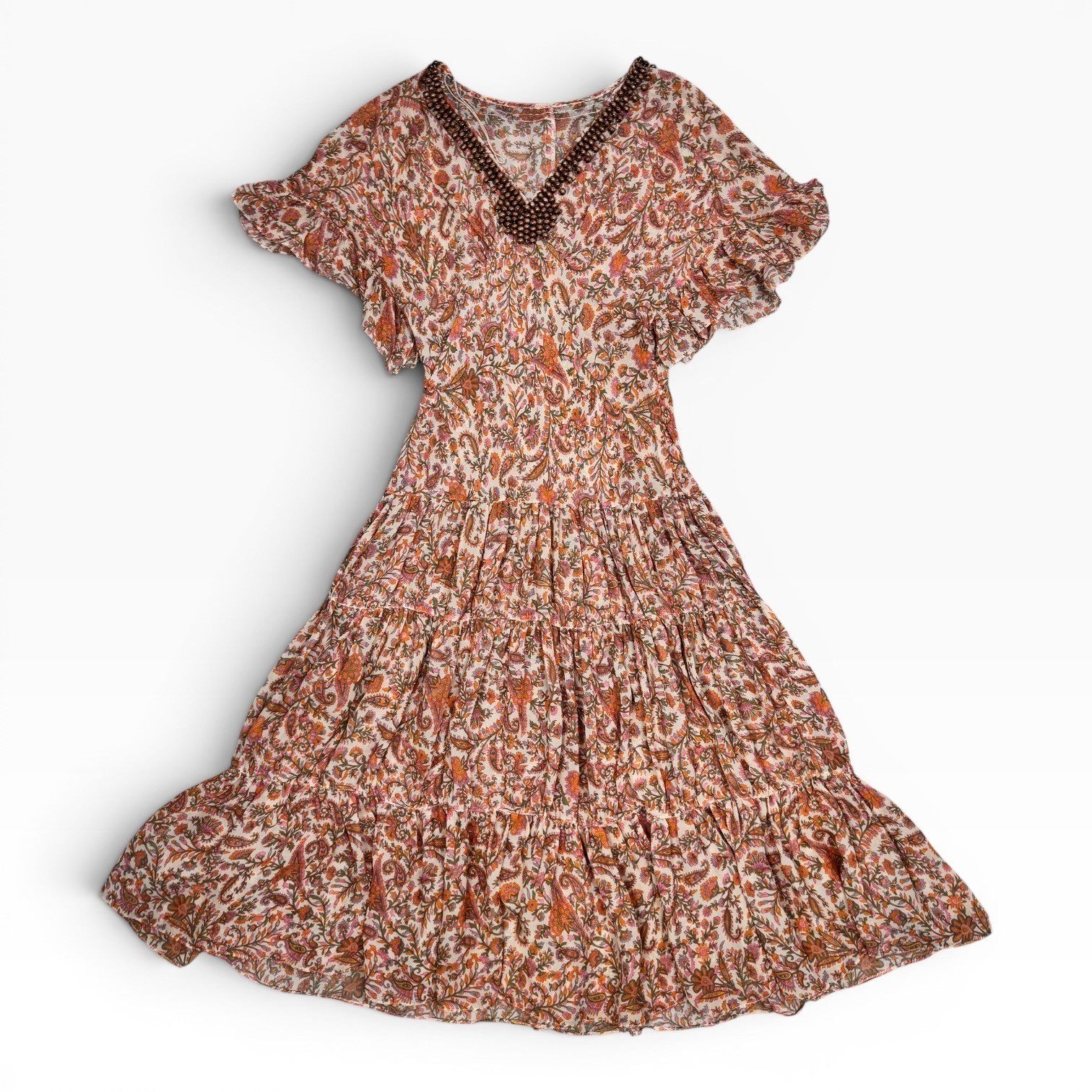 Vintage Sheer Silk Paisley Midi Dress Orange Pink Beaded V-Neck Tiered Ruffle
