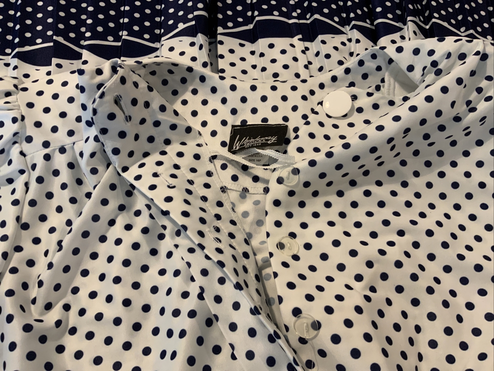 Vtg 80s Whirlaway Frocks Blue & White Polka Dot Belted Dress Sz 16P Bust 40