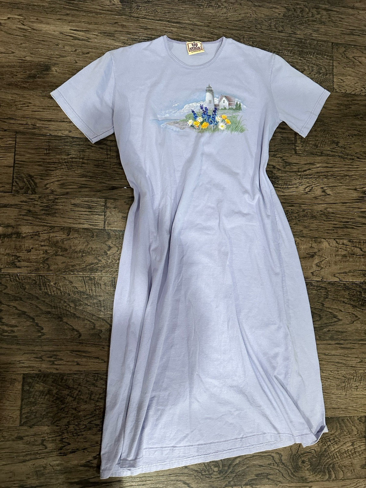 VTG Top Stitch by Morning Sun XL Embroidered Lighthouse Granny Maxi Tshirt Dress
