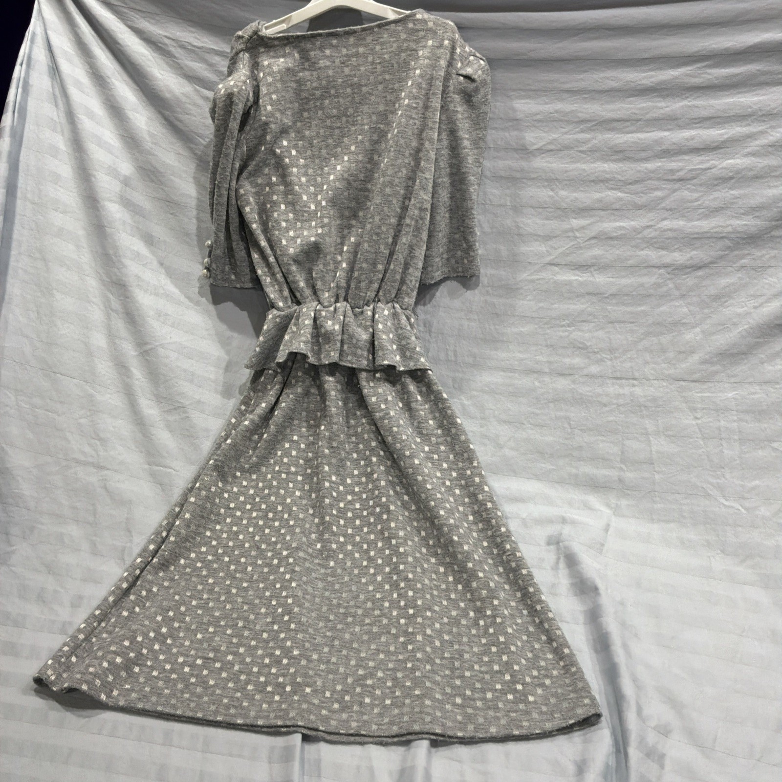Vintage 80s Midi Gray And White Polka Dot Dress Peplum Gathered Waist Cowl Neck