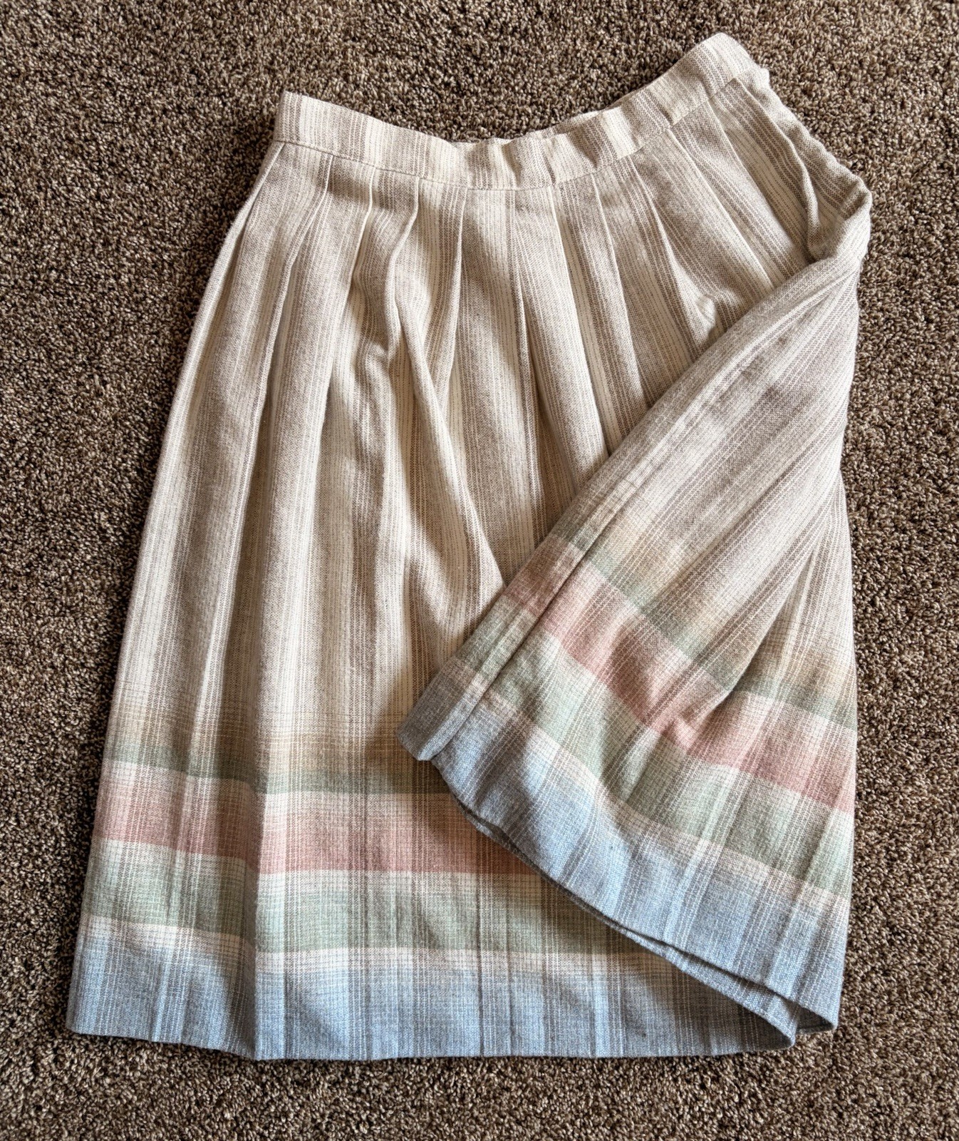 VTG 50s 60s Tartan PLAID WOOL SKIRT Pleats Striped Pastels MIDI W30 USA made