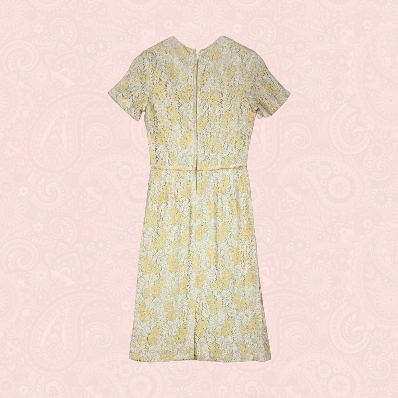 Vintage 60s 70s Yellow Cream Floral Lace Fitted Wiggle Short Sleeve Dress XS