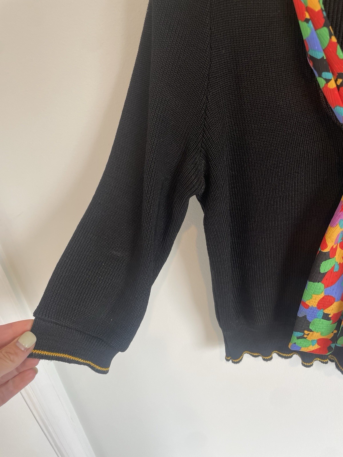 Vintage Vivanti Black Sweater W/ Color Scarf 3/4 Sleeve 1980s Made In USA Sz 10