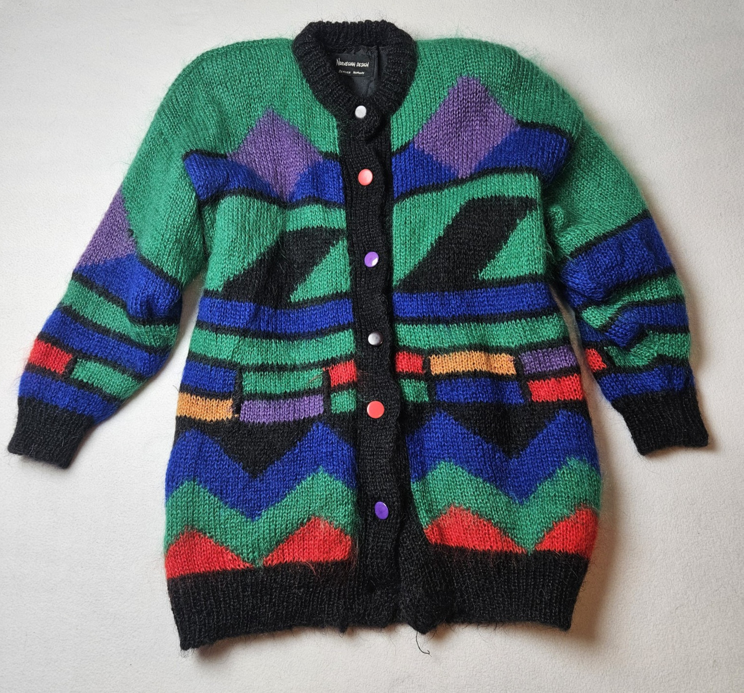 Vintage Norwegian Design Hand Made Kid Mohair Wool Cardigan Sweater size M Artsy