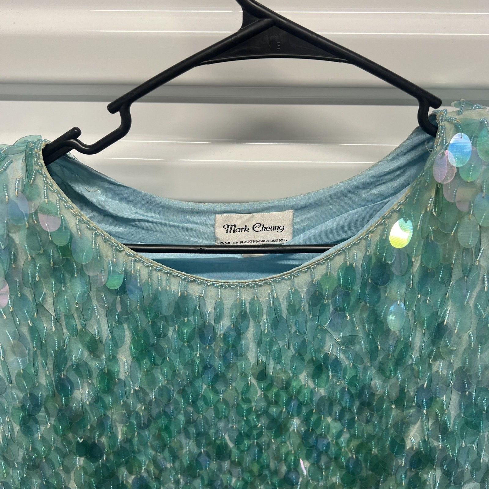 Mark Cheung Womens Sequin Silk Top L Aqua Blue Beaded Vintage Scalloped Evening
