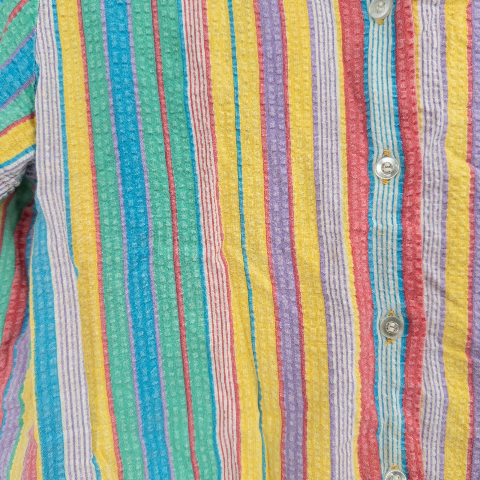 Vintage 90s Rainbow Top Womens XL Seersucker Striped Boxy Cropped Dopamine Color