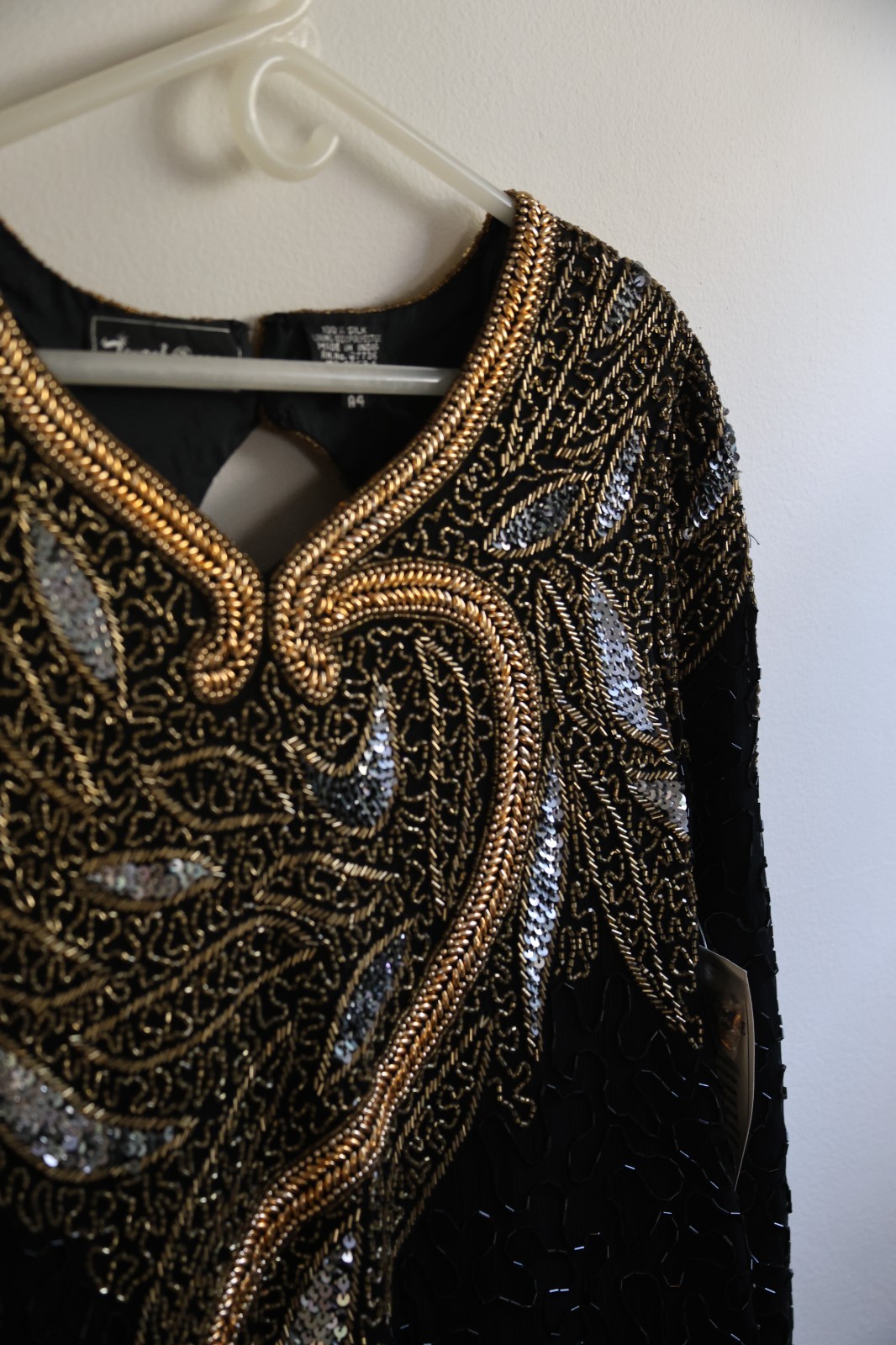 Vintage Jewel Queen 100% Silk Beaded Sequin Gown Dress Black Gold Silver Size 4
