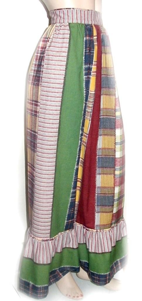 Byer MAXI SKIRT Madras Plaid Print RUFFLE Hem Ties 1970s Cottage BOHO Hippie 26W
