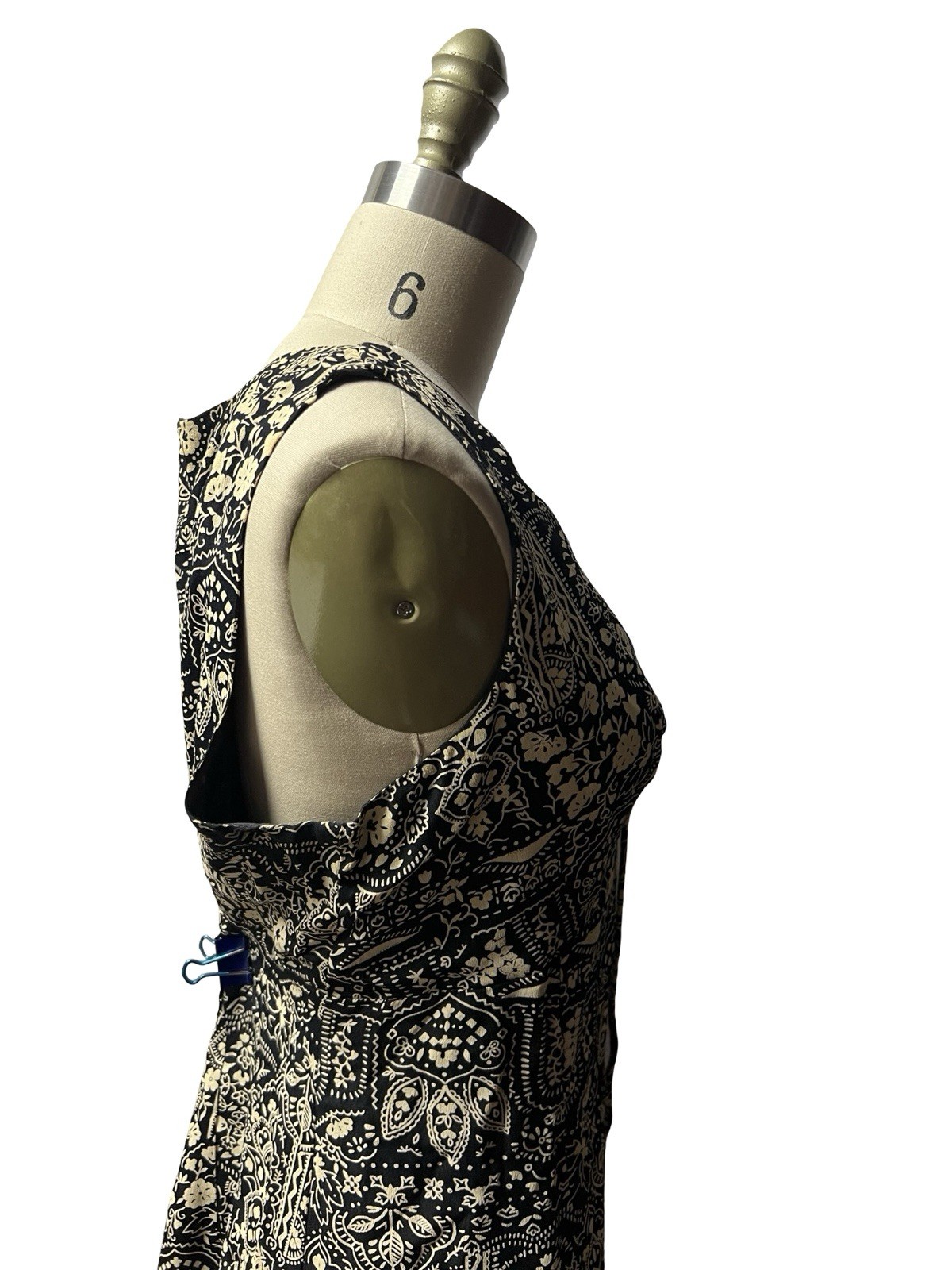 Vtg 90s Paisley Hi-Low Hem Midi Dress Womens 15/16 Black Cream Rayon Boho Grunge