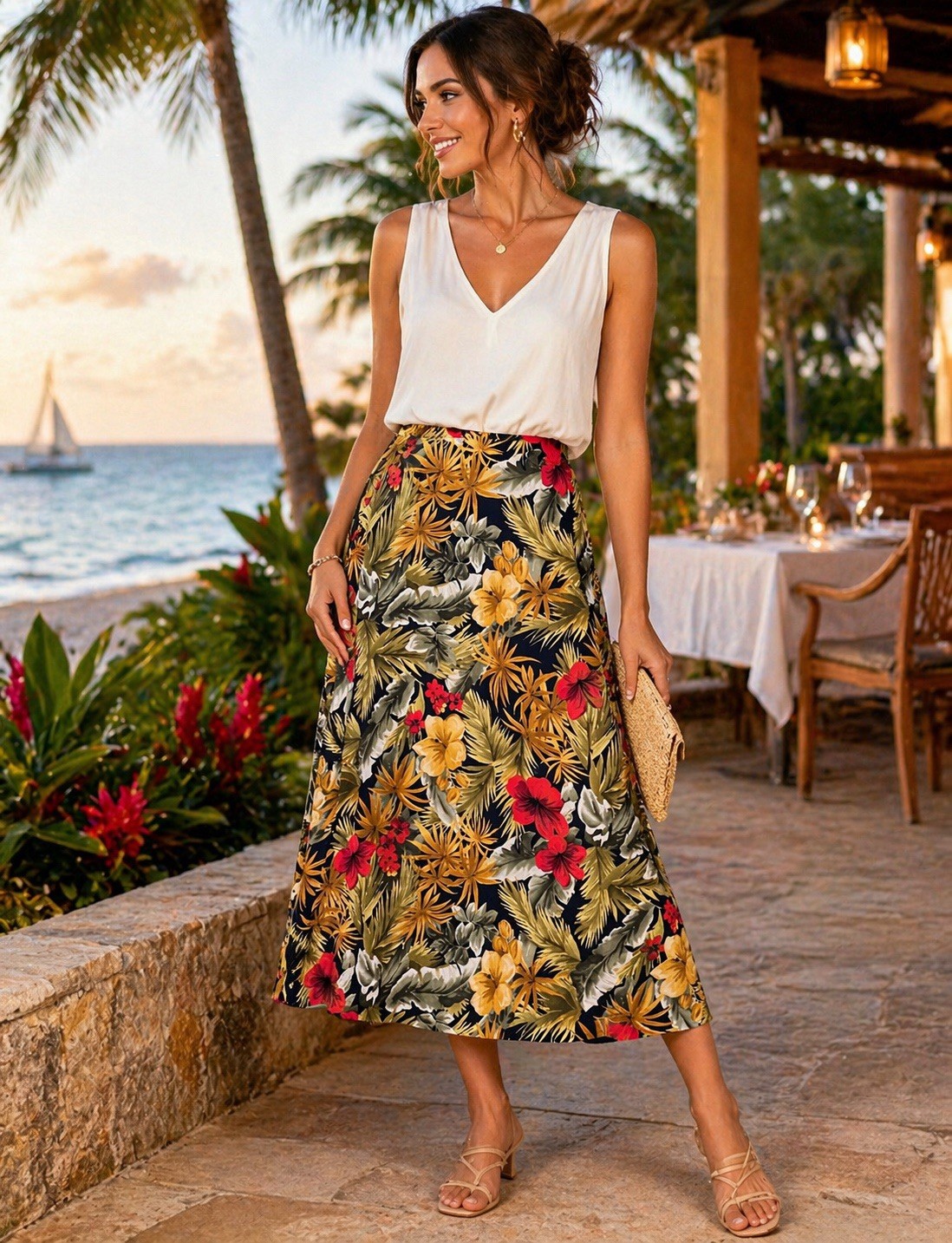Liz Claiborne Y2K Silk Tropical Skirt 16 Vintage Hawaiian Floral A-Line 🌺🌴