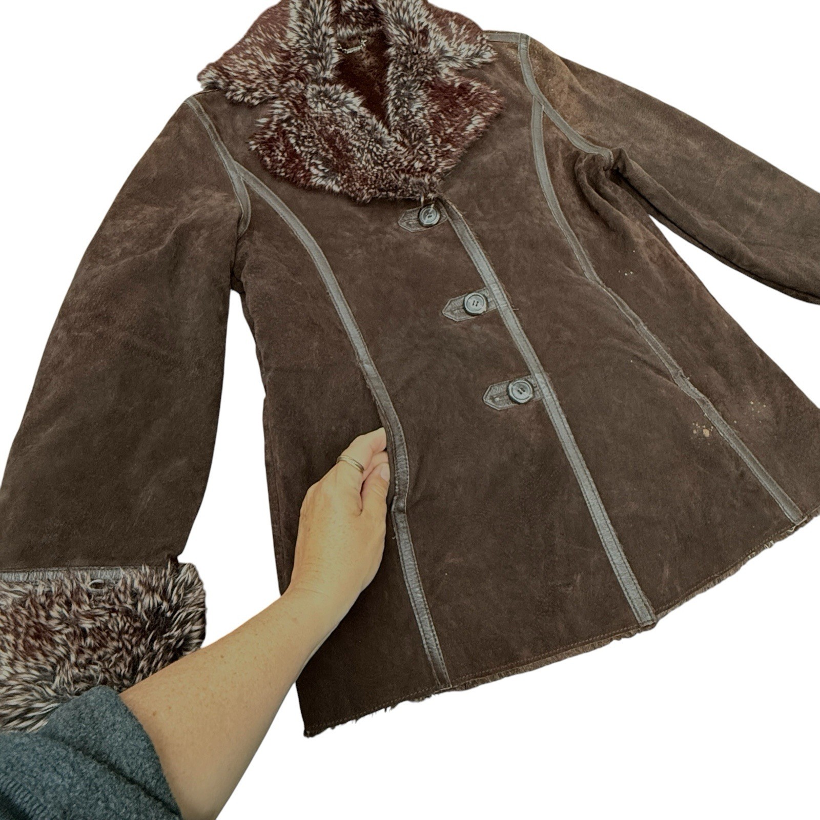 VTG Y2K Penny Lane Coat London Fog Brown Suede Boho SZ S Hippie Gypsy Rave Jacke