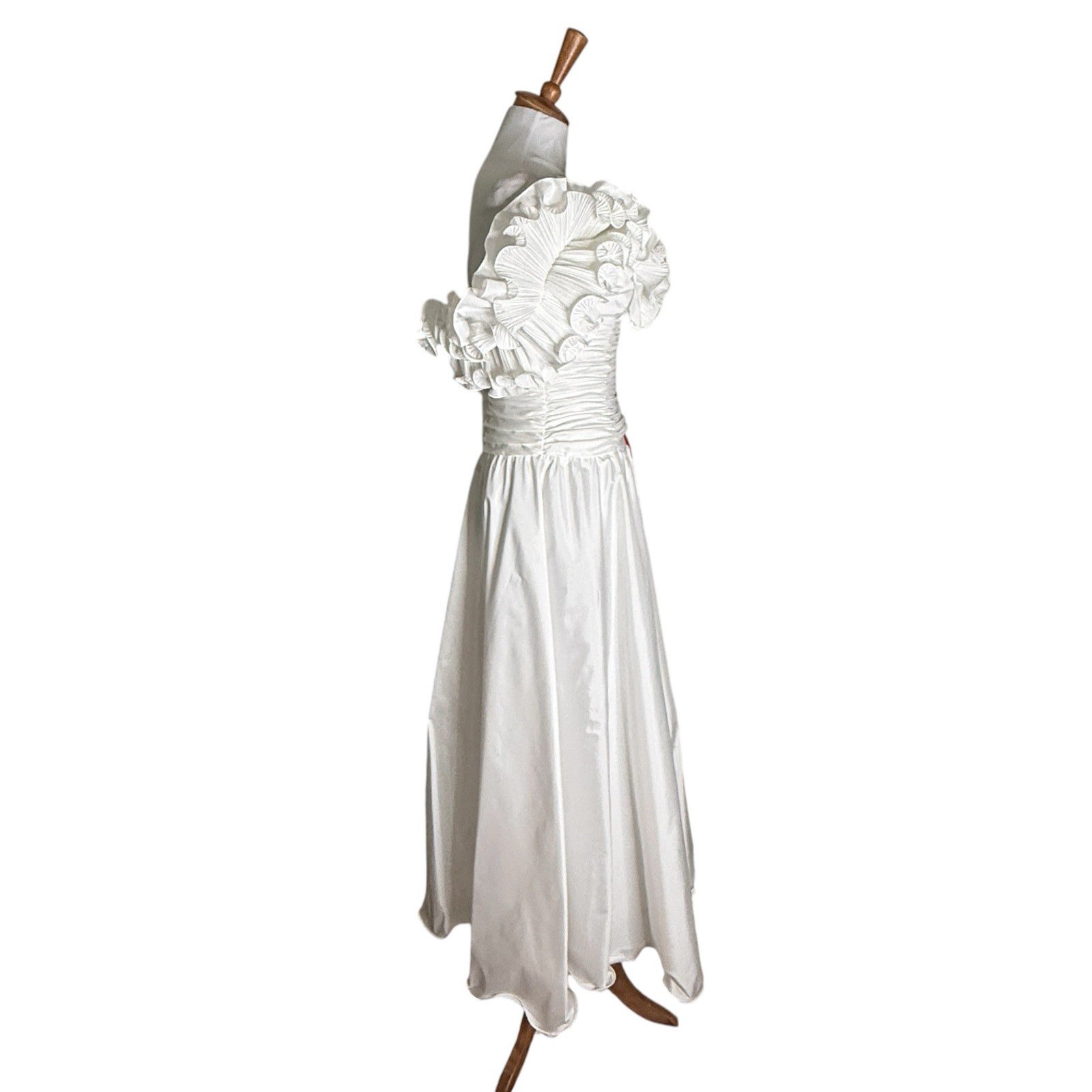 Vintage 80s Alyce Designs White Taffeta Ruffle Prom Formal Dress XS