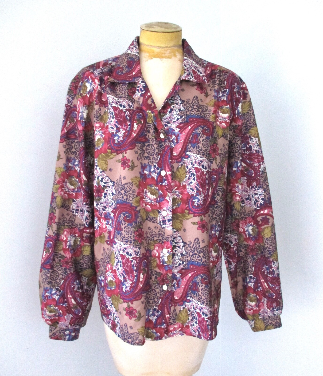 Vtg 70s Burgundy Blue Paisley Floral Silky Poly Secretary Blouse Button Top XL
