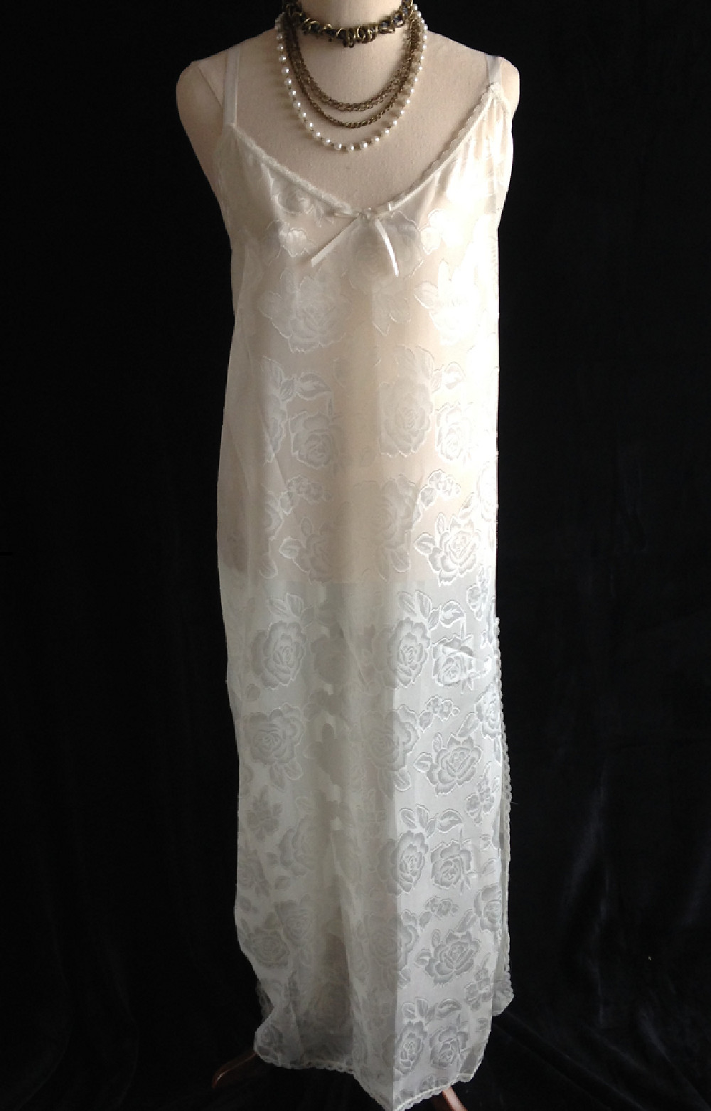 Ivory Long Clipped Chiffon Floral Print Nightgown & Sheer Robe Long Peignoir