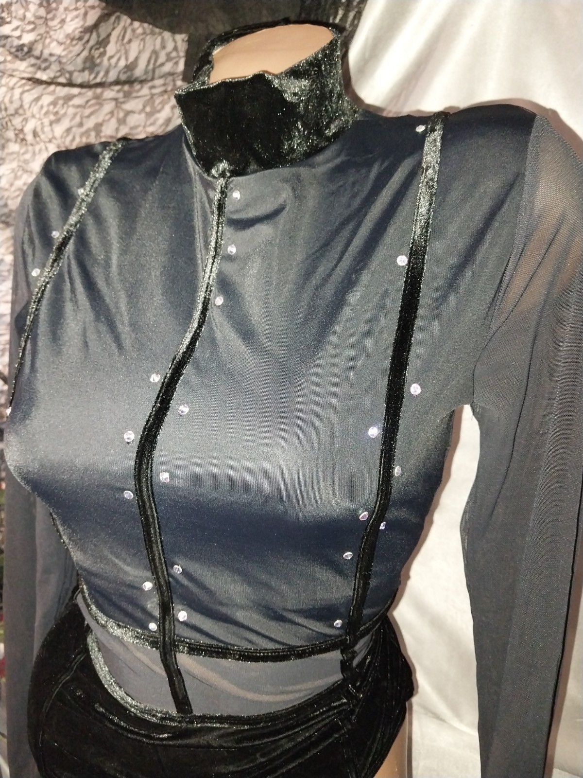 VTG SILKY HIGH NECK SHEER LONG SLV LEOTARD BLOUSE BOMB GOTHIC BURLESQUE TOP M