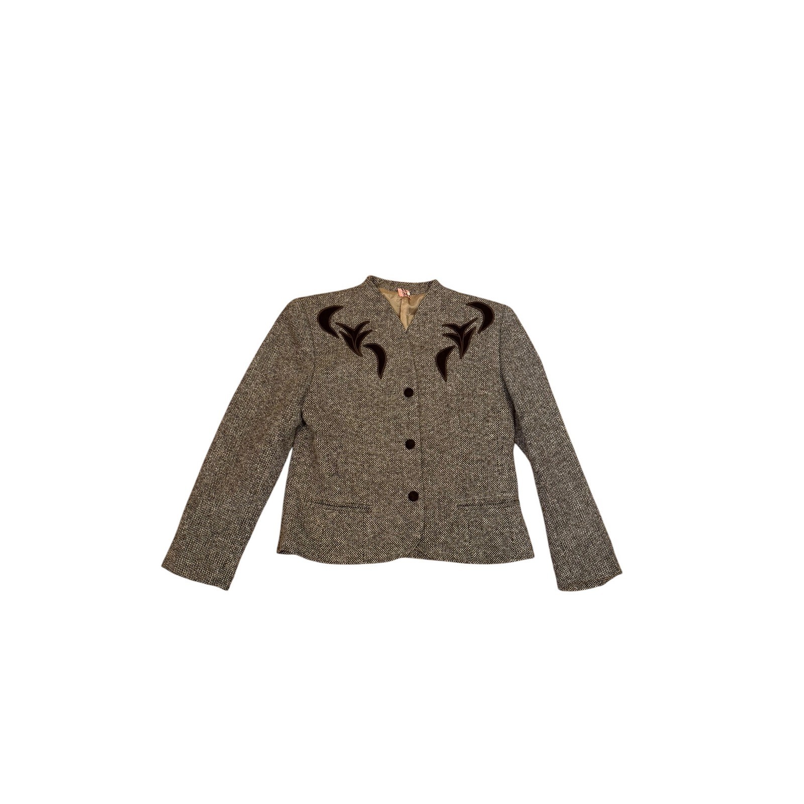 Vtg France Tweed Wool Blend Jacket Brown Velvet Applique Blazer sz XS Western