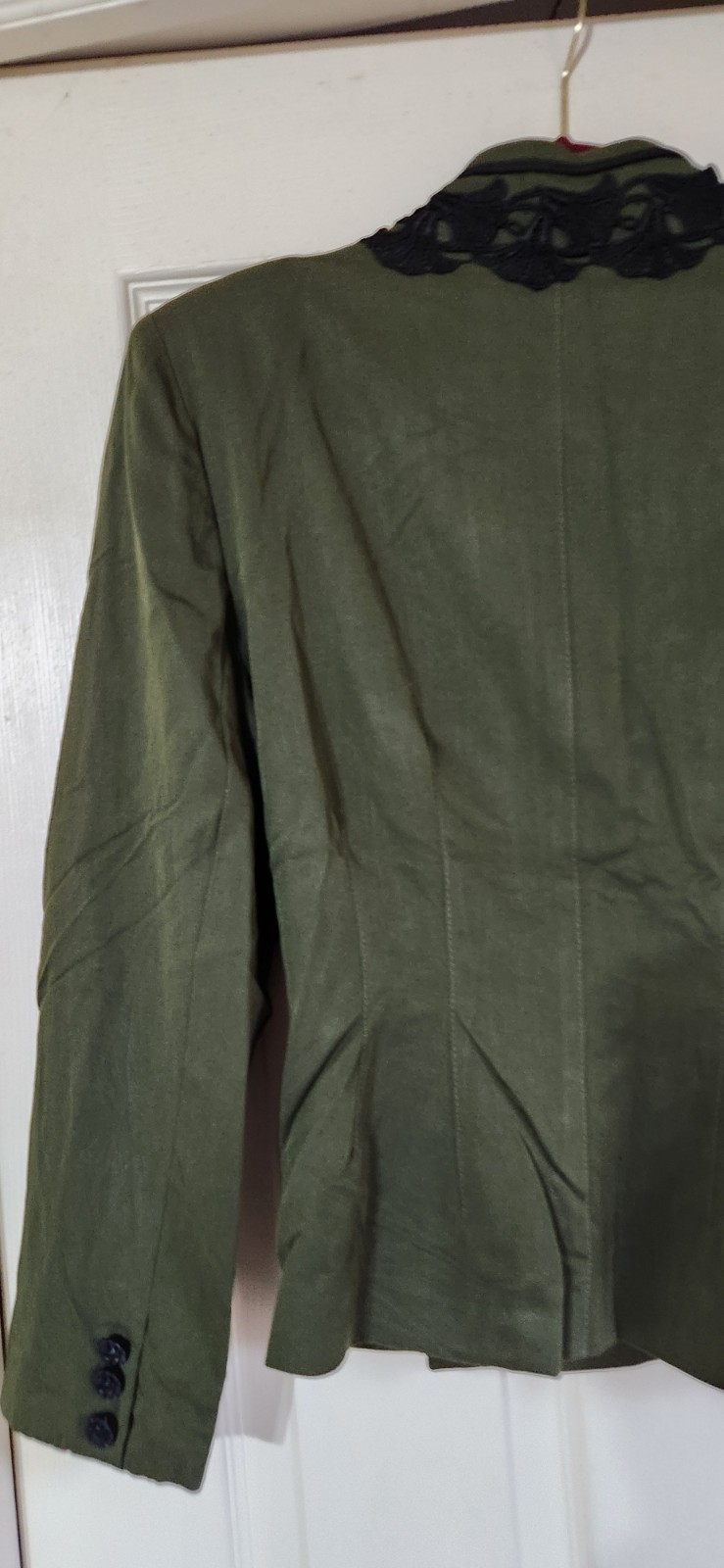 Edwardian Olive Green Jacket Black Embroidered Trim Flower Petals Size Small 90s
