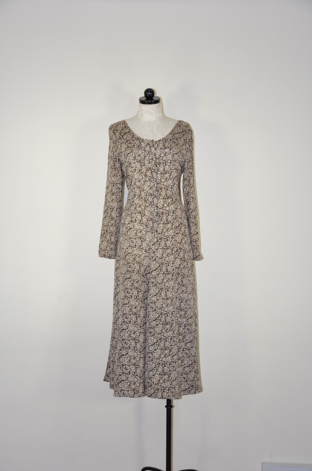 90s Vintage Brown Romantic Floral Long Sleeve Tie Back Grunge Dress Women S M