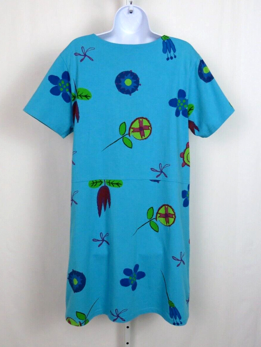 VTG 1980s 90s RED GINGER MEDIUM COTTON DRESS MOD FLOWERS ROPE BELT AQUA BLUE
