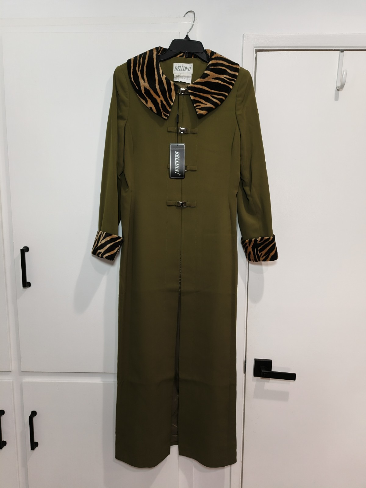 Belldini Olive Coat Animal Print Collar & Cuffs 100% Polyester USA 10 ITA 44