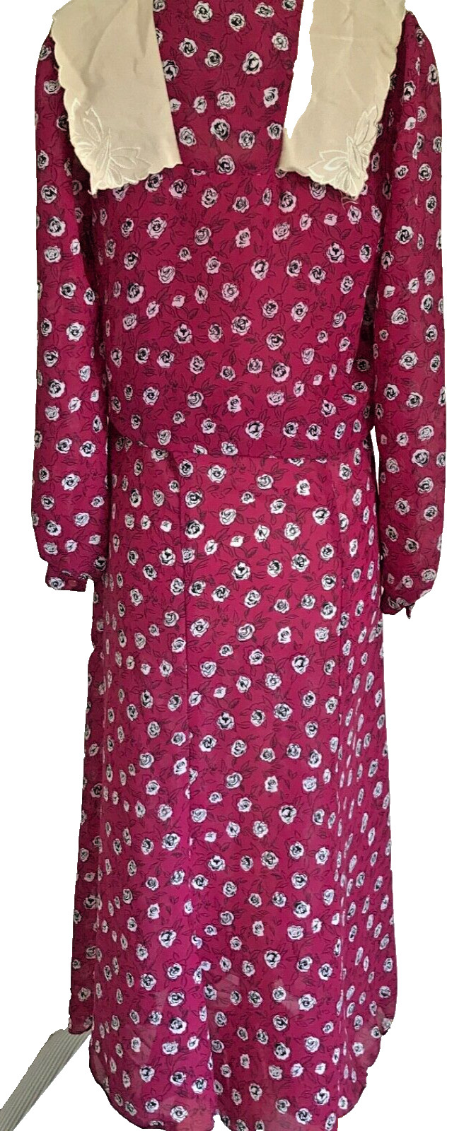 Vintage Sally Lou Cottage Core Dress, Sailor Collar Magenta Chiffon Midi