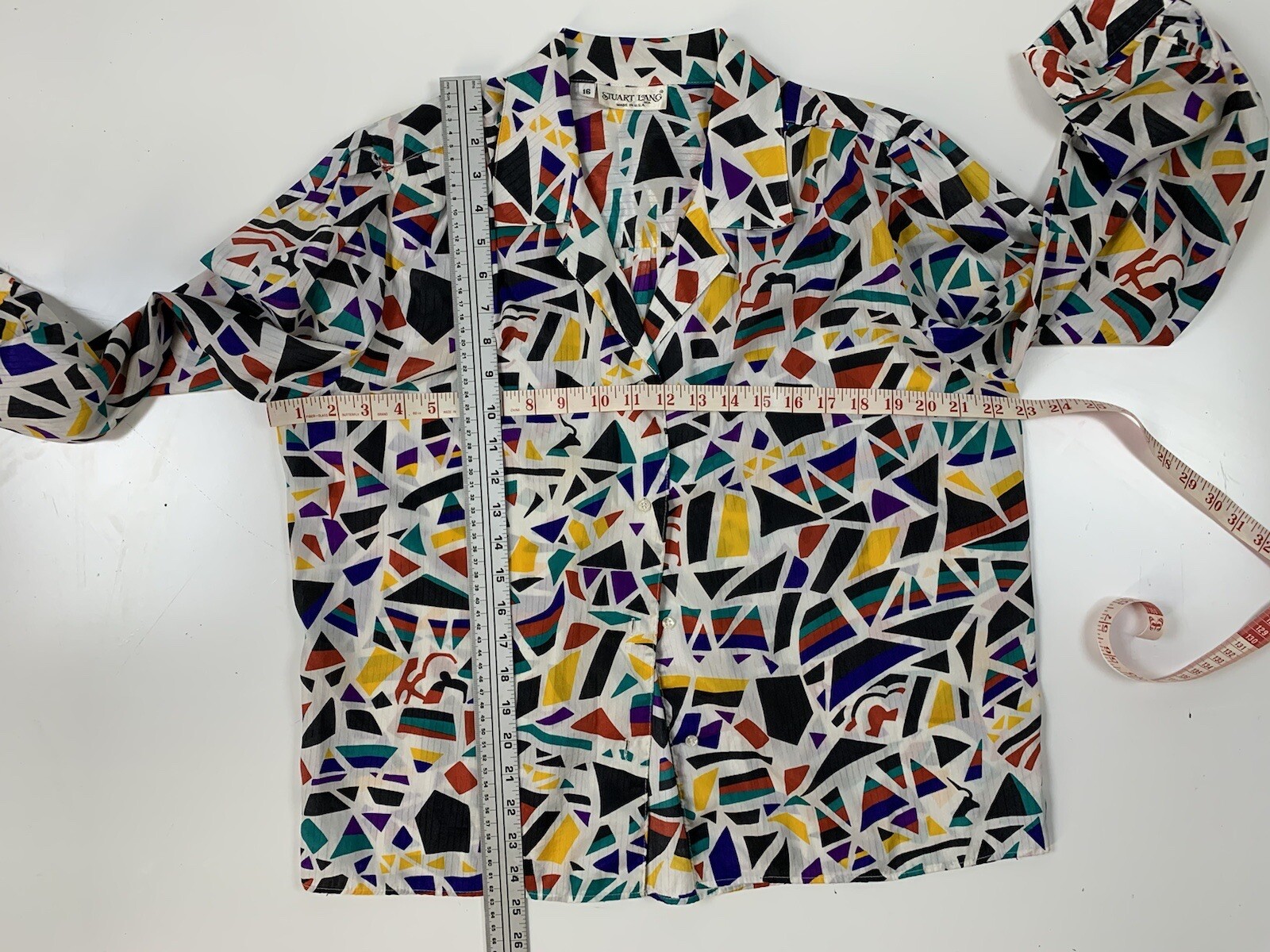 Vtg 80s Stewart Lang Blouse Multicolor Geometric Print Silky Poly Long Sleeve 16