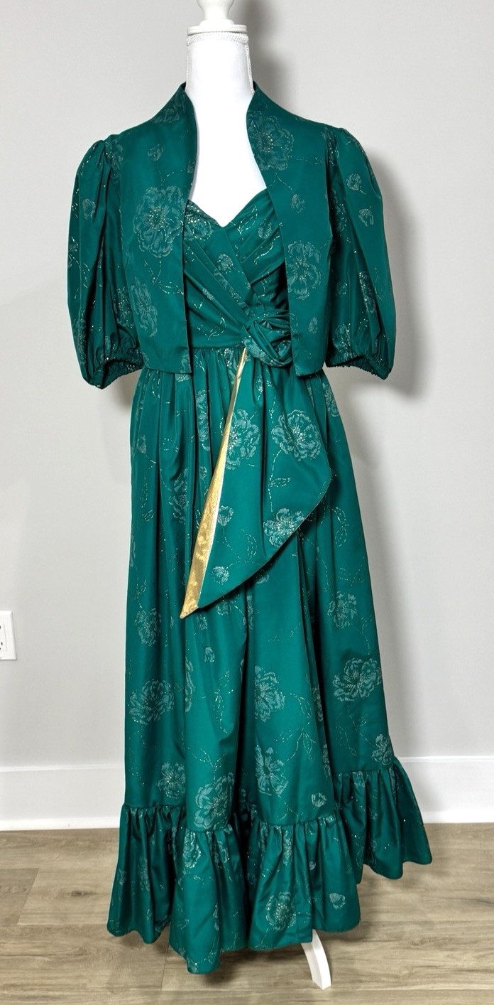 Vintage Alyce Designs Green Gold Metallic Strapless Gown Bolero XS Fairy Glam