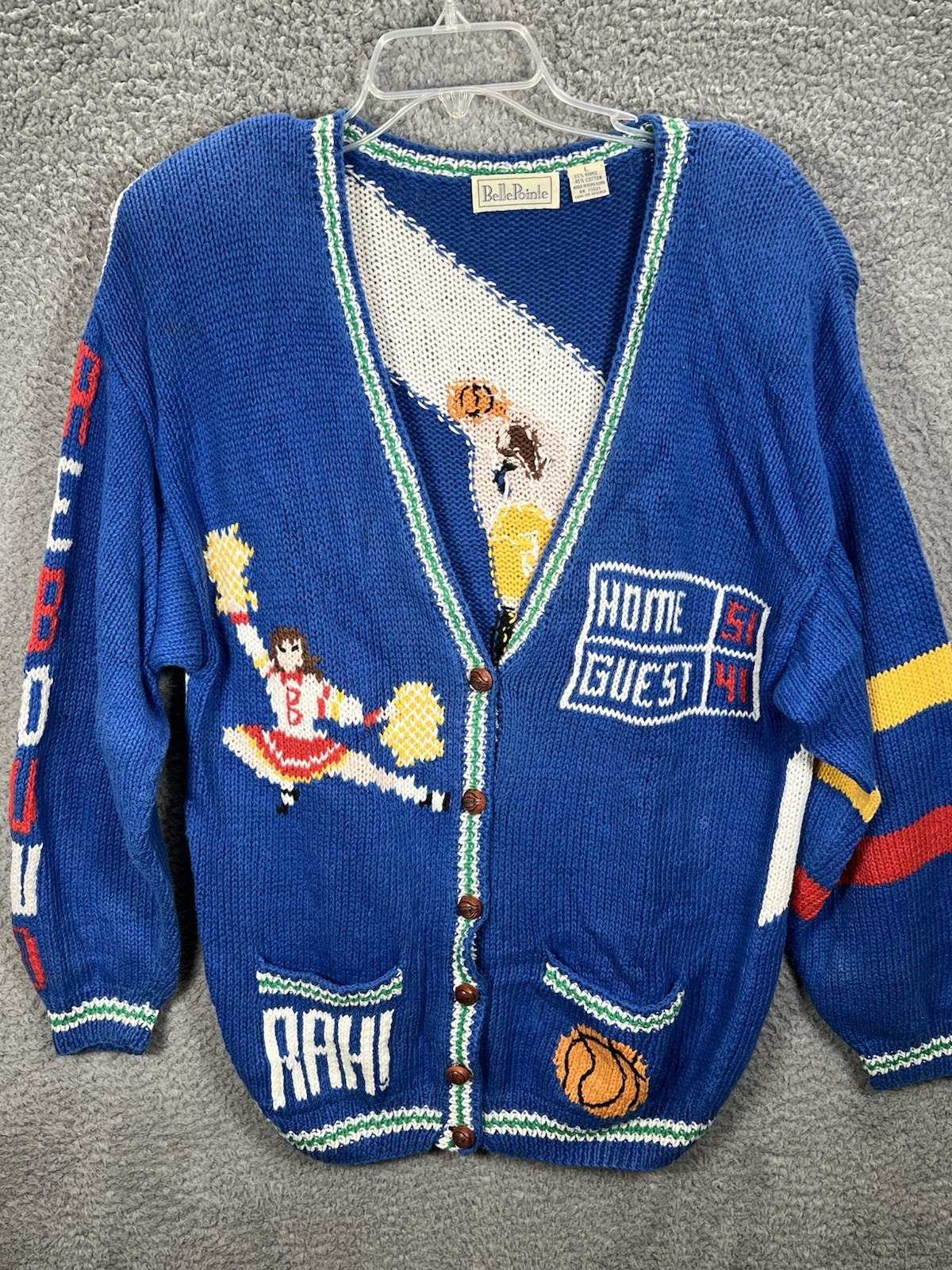 Vtg Belle Pointe Sz Large Basketball Cheer Cardigan Grandma Sweater Teacher